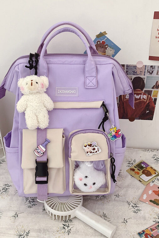 กระเป๋านักเรียนระดับกลางของผู้หญิง สีม่วง กระเป๋าเป้ Ins สไตล์เกาหลีความจุขนาด ใหญ่ลำลองสำหรับนักเรียน