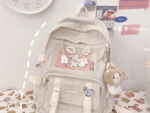 กระเป๋าเป้สะพายหลัง สีครีม กระเป๋านักเรียน จุของได้เยอะ สไตล์เกาหลี และญี่ปุ่น สําหรับเด็กผู้หญิง