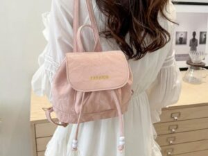 กระเป๋าเป้สะพายหลังขนาดเล็ก สีชมพู,กระเป๋าเป้สะพายหลังผู้หญิงหนัง ปู่ แบบปรับได้,แฟชั่น เชือกรูด สีทึบกระเป๋านักเรียนสุภาพ