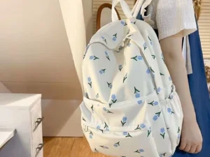 กระเป๋าสะพายหลัง ลายดอกไม้สีฟ้า ความจุเยอะ สําหรับผู้หญิง นักเรียน